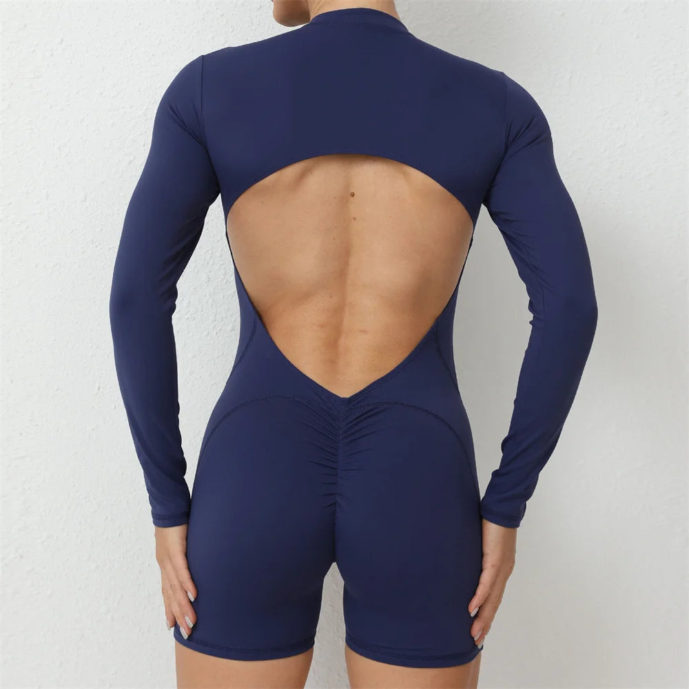 2024 Pad Zipper Long Sleeve Yoga Set Women One Piece Jumpsuit Gym Workout Shorts Fitness Stretch Bodysuit Sports Athletic Suit