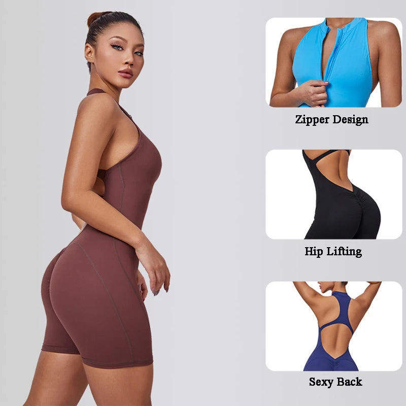 Zipper Women Tracksuit Pad Yoga Set One Piece Jumpsuit Workout Scrunch Legging Rompers Sport Gym Active Suit Exercise Bodysuits