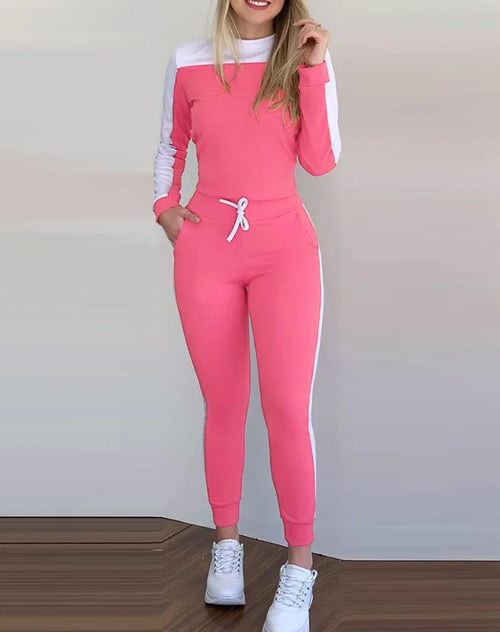 Elegant Pants Set for Woman Casual Autumn Color Block Slimming Long