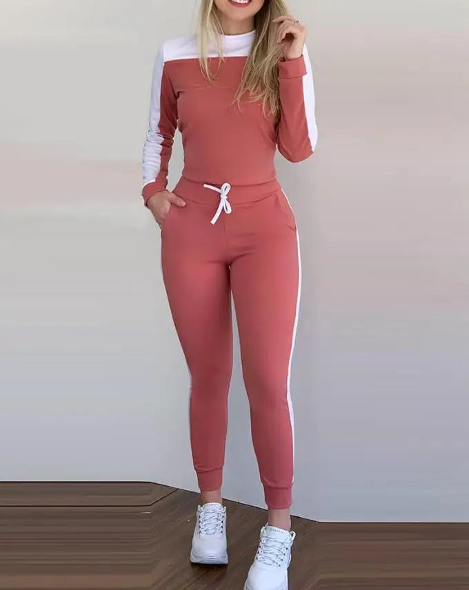 Elegant Pants Set for Woman Casual Autumn Color Block Slimming Long