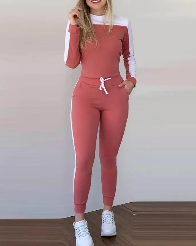 Elegant Pants Set for Woman Casual Autumn Color Block Slimming Long