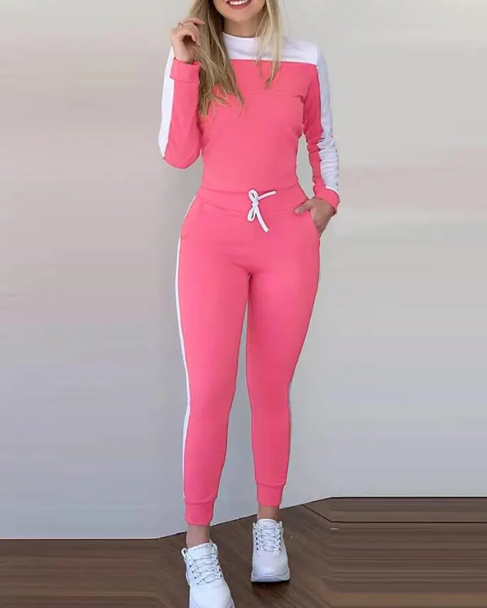 Elegant Pants Set for Woman Casual Autumn Color Block Slimming Long